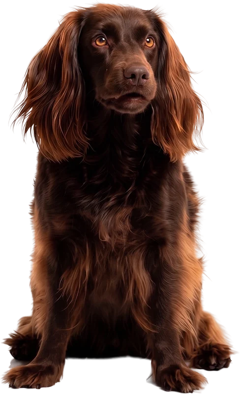 Shelby, a red-gold dog, sitting behind an open wooden gift box.