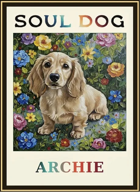 Archie’s Soul Dog label: a cream miniature dachshund among bright painted flowers