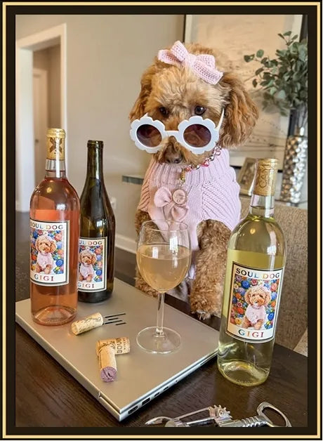 Gigi, a doodle in a pink sweater and white sunglasses, behind three Soul Dog bottles with her label