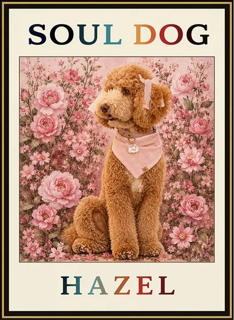 Hazel’s Soul Dog label: a red labradoodle with a pink bow and bandana among pink peonies
