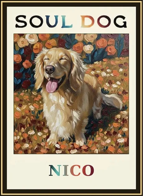 Nico’s Soul Dog label: a golden long-haired dachshund, eyes closed and tongue out, in an autumn meadow