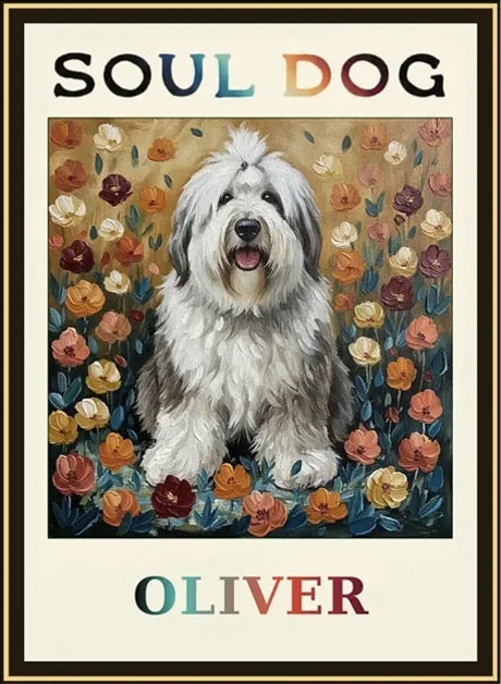 Oliver’s Soul Dog label: a shaggy grey and white dog in a field of painted flowers