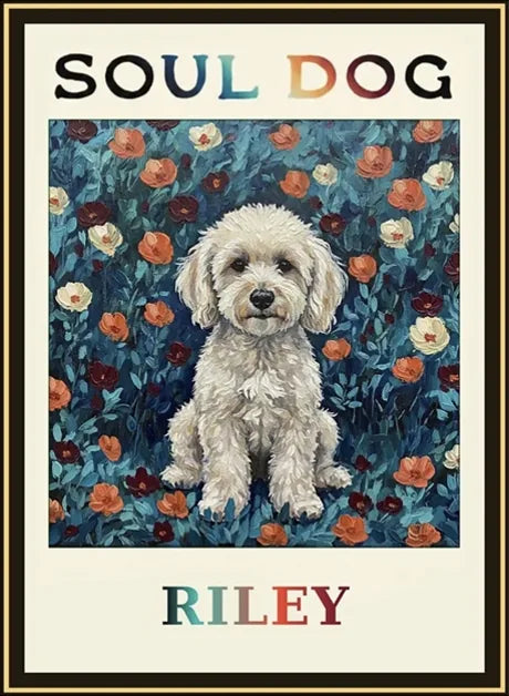 Riley’s Soul Dog label: a small curly white dog on a field of blue leaves and red flowers