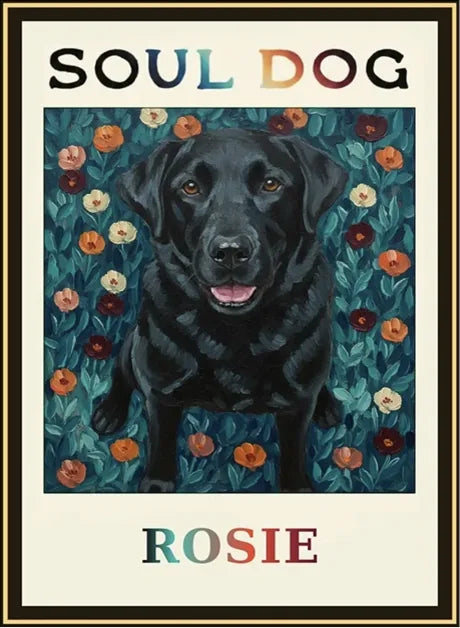 Rosie’s Soul Dog label: a black dog among teal leaves and orange flowers